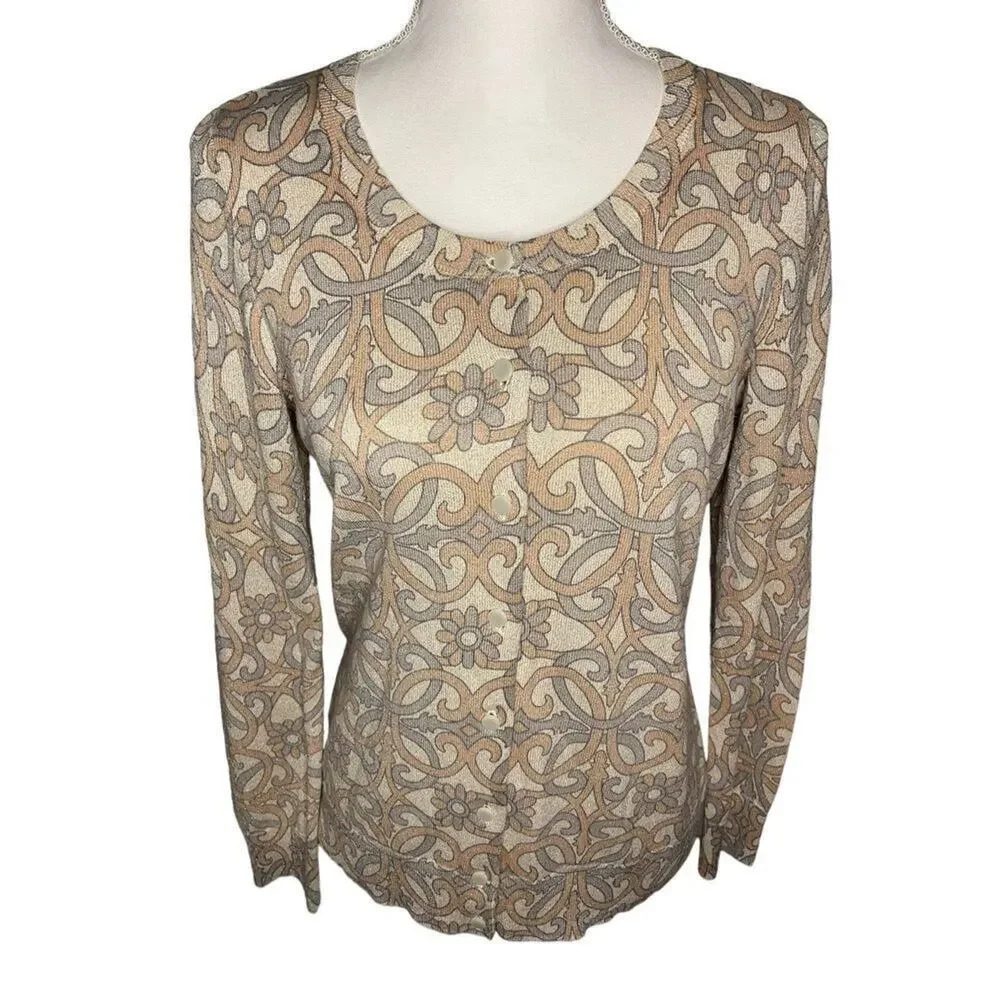 Talbots women’s small cream floral metallic gold glittery button front cardigan
